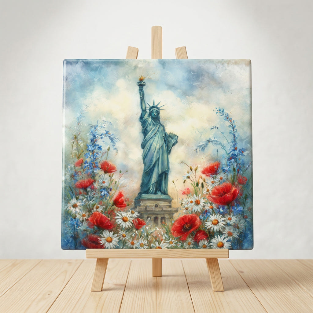 Statue of Liberty Wildflower Garden Ceramic Art Tile – Patriotic Americana Decor