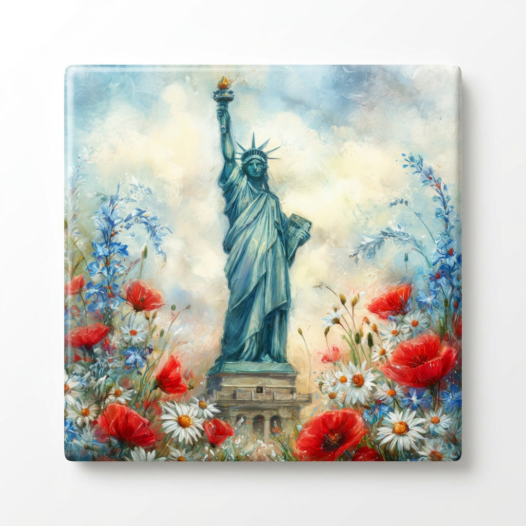 Statue of Liberty surrounded by flowers on a decorative tile