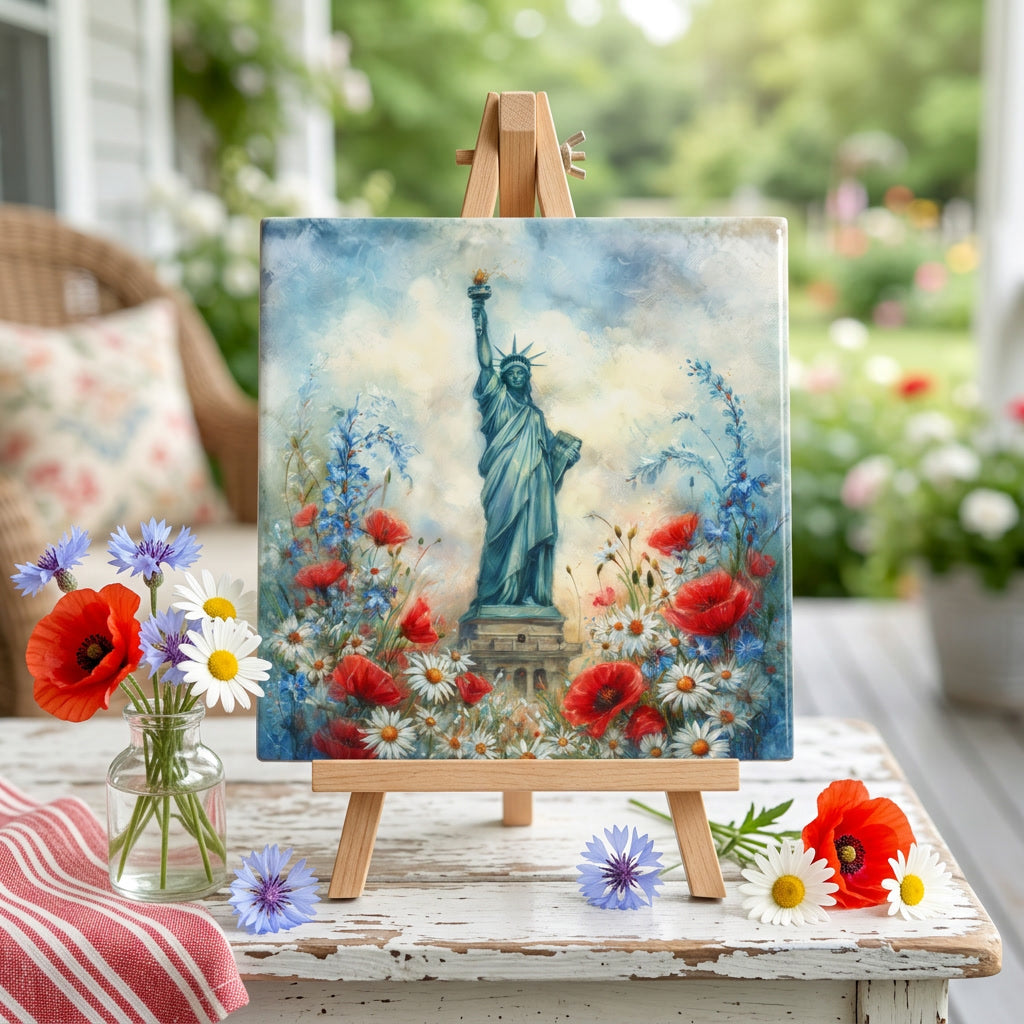 Statue of Liberty Wildflower Garden Ceramic Art Tile – Patriotic Americana Decor