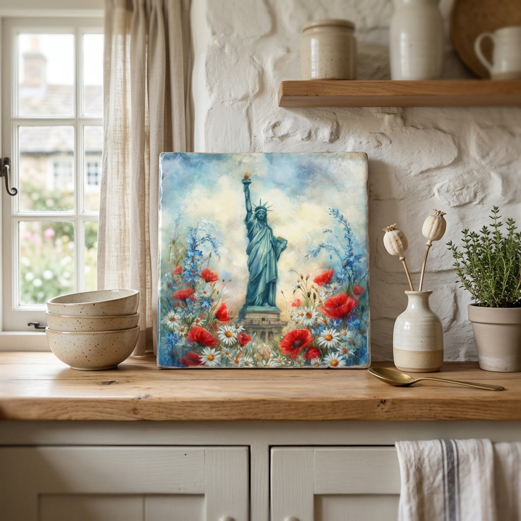 Tile of the Statue of Liberty surrounded by flowers on a kitchen counter.