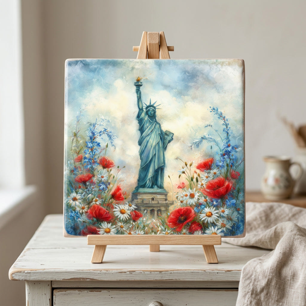 Statue of Liberty Wildflower Garden Ceramic Art Tile – Patriotic Americana Decor