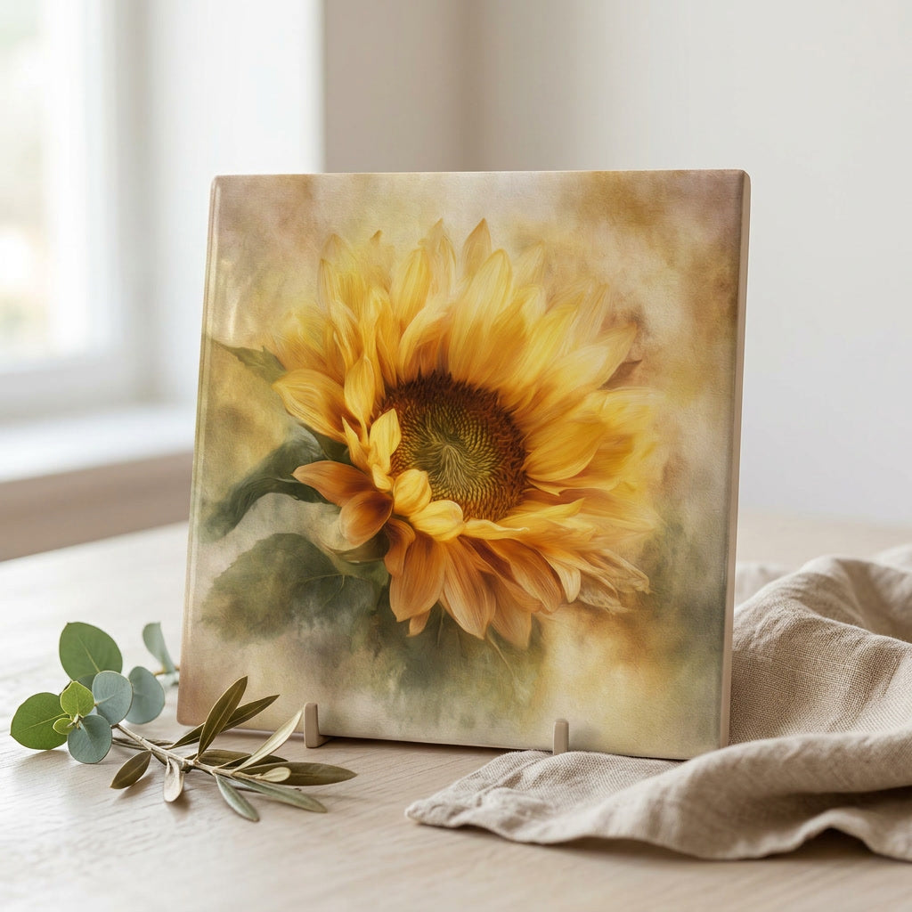 Golden Sunflower Tile Art | Painterly Floral Ceramic Tile