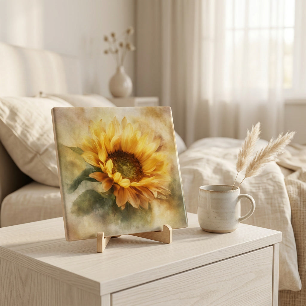 Golden Sunflower Tile Art | Painterly Floral Ceramic Tile