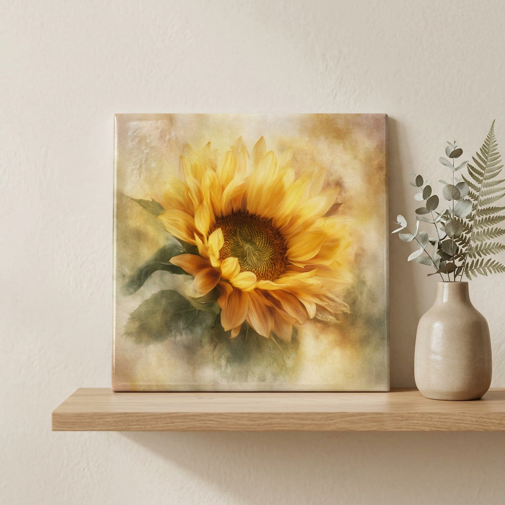 Golden Sunflower Tile Art | Painterly Floral Ceramic Tile