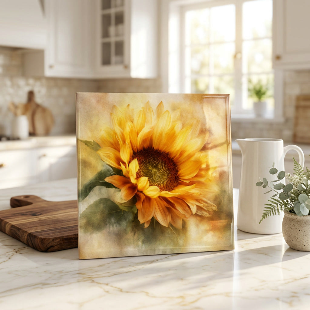Golden Sunflower Tile Art | Painterly Floral Ceramic Tile