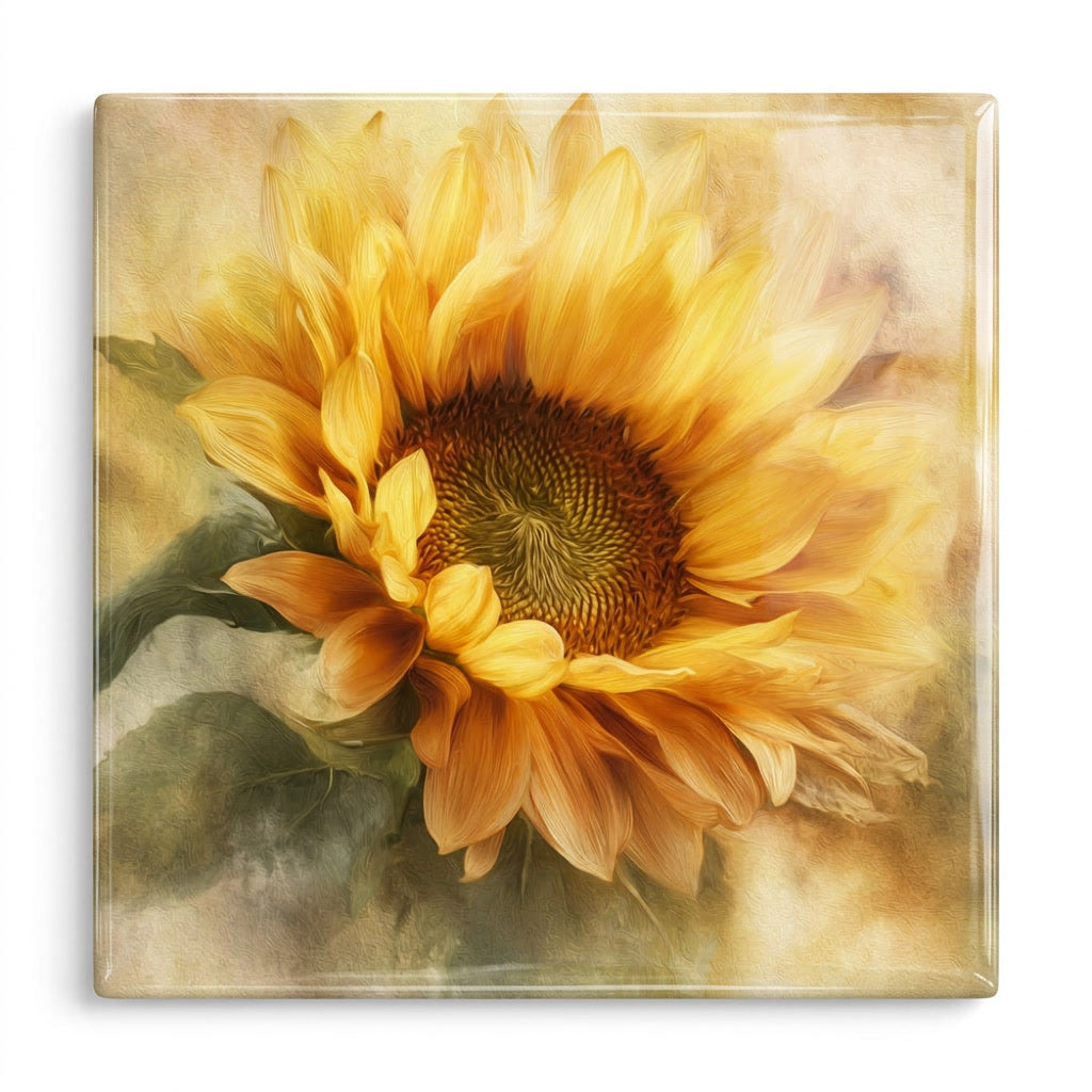 Golden Sunflower Tile Art | Painterly Floral Ceramic Tile
