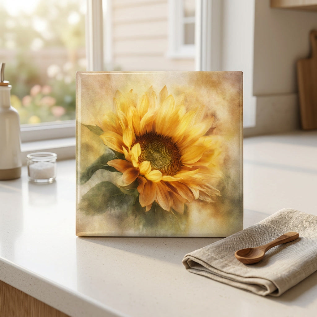 Golden Sunflower Tile Art | Painterly Floral Ceramic Tile