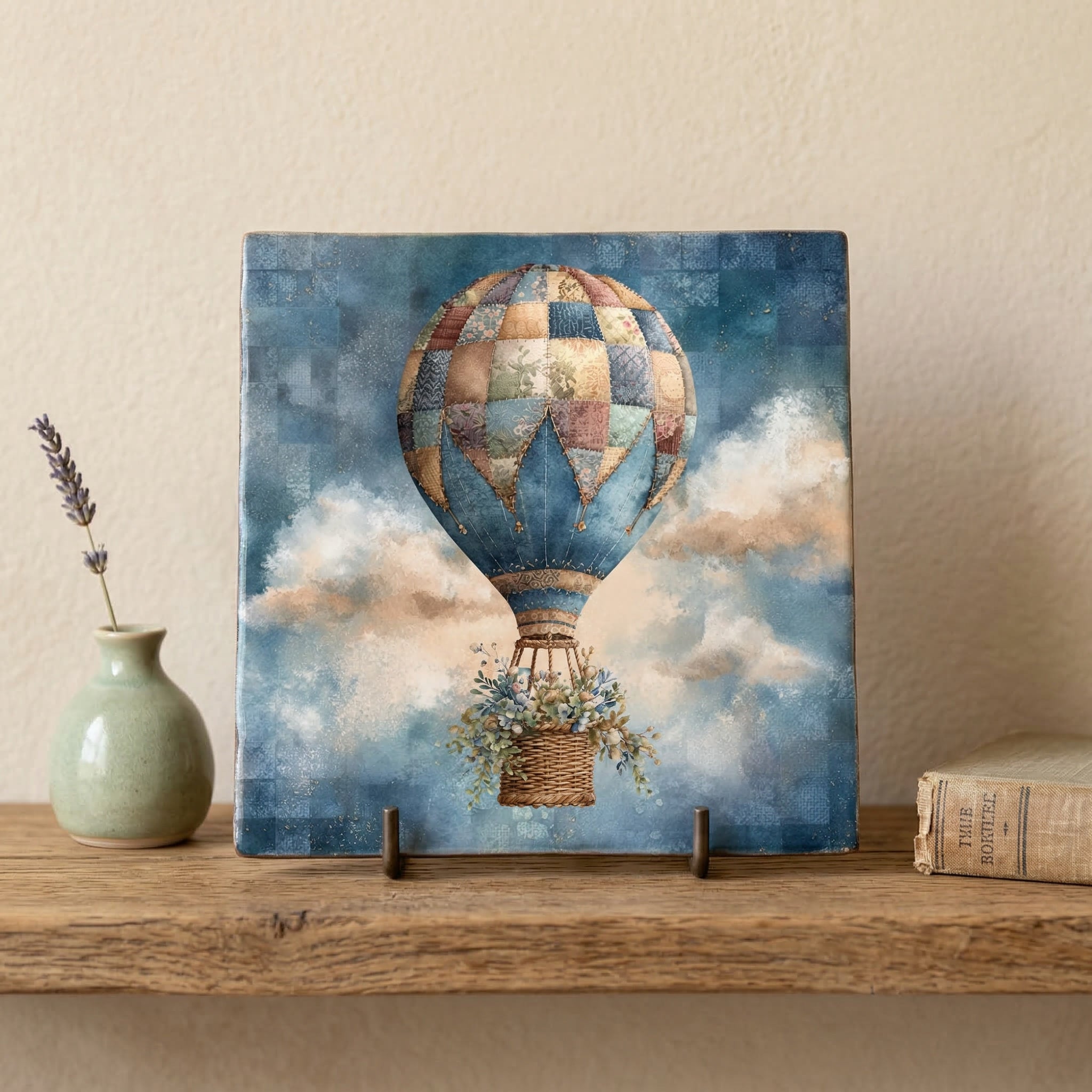 Patchwork Hot Air Balloon Ceramic Tile – Whimsical Quilt Balloon Cottagecore