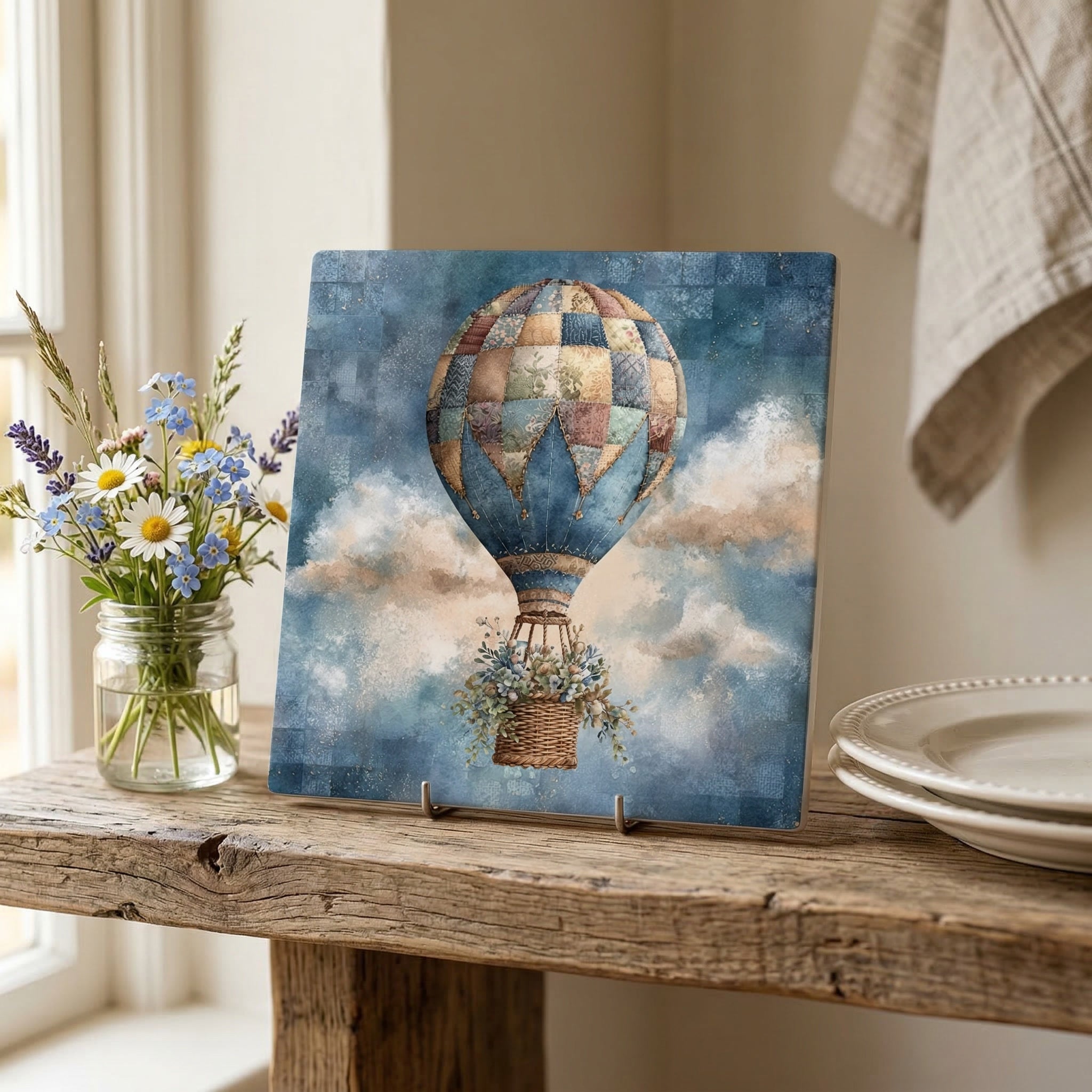 Patchwork Hot Air Balloon Ceramic Tile – Whimsical Quilt Balloon Cottagecore