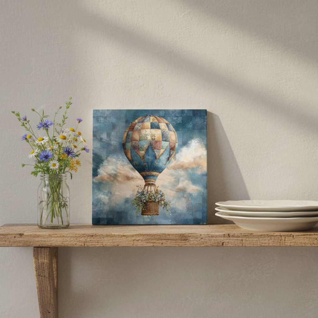 Patchwork Hot Air Balloon Ceramic Tile – Whimsical Quilt Balloon Cottagecore