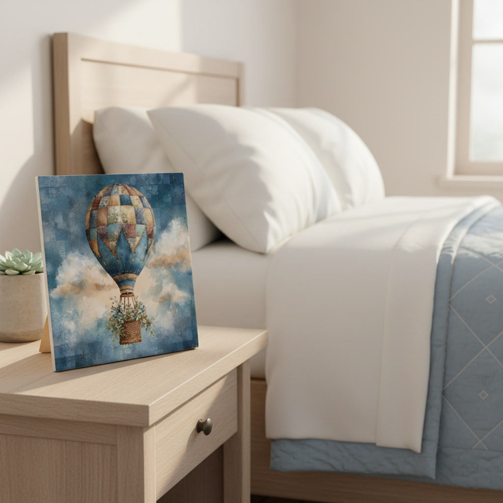 Patchwork Hot Air Balloon Ceramic Tile – Whimsical Quilt Balloon Cottagecore