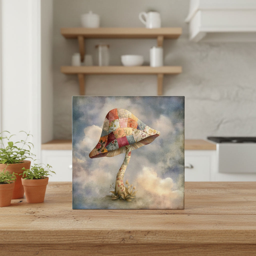 Patchwork Mushroom Ceramic Tile – Whimsical Quilt Fabric Mushroom Cottagecore Home Decor