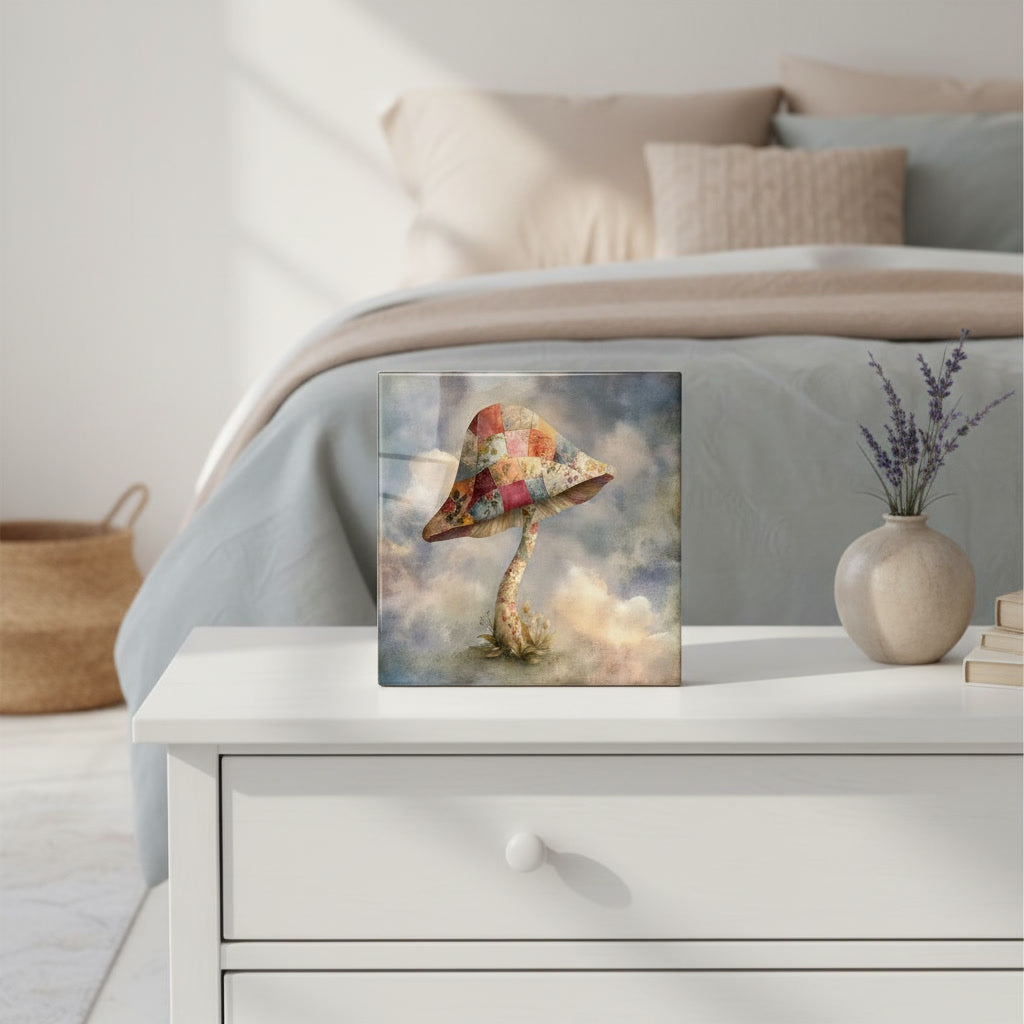 Patchwork Mushroom Ceramic Tile – Whimsical Quilt Fabric Mushroom Cottagecore Home Decor