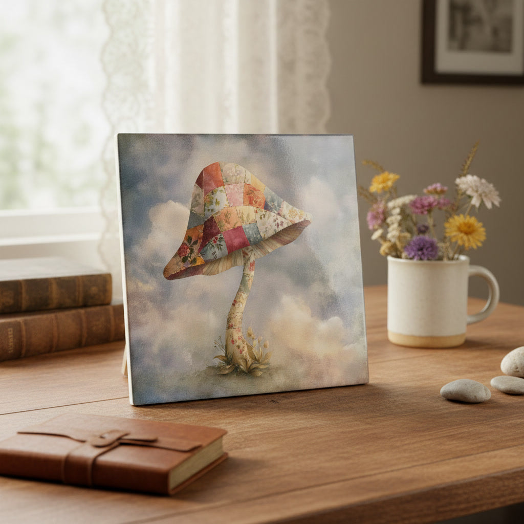 Patchwork Mushroom Ceramic Tile – Whimsical Quilt Fabric Mushroom Cottagecore Home Decor