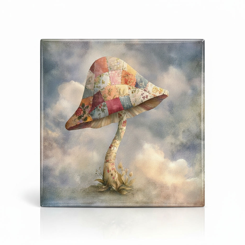 Patchwork Mushroom Ceramic Tile – Whimsical Quilt Fabric Mushroom Cottagecore Home Decor