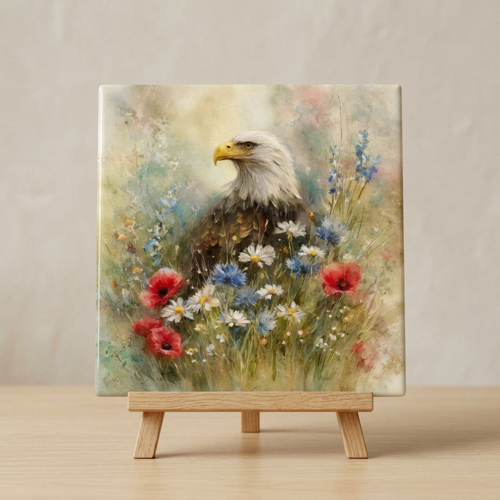 Ceramic eagle tile displayed on wooden easel