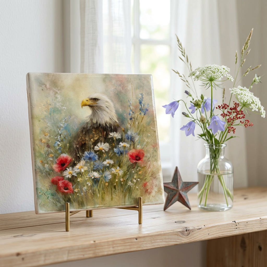 Tile of an eagle surrounded by flowers on a wooden surface with a vase of flowers and star decoration.