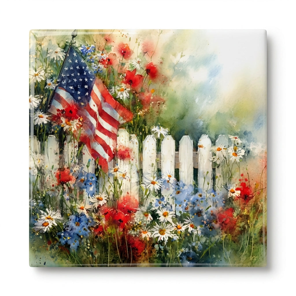 American Flag Wildflower Ceramic Tile – Patriotic Cottage Garden Decor