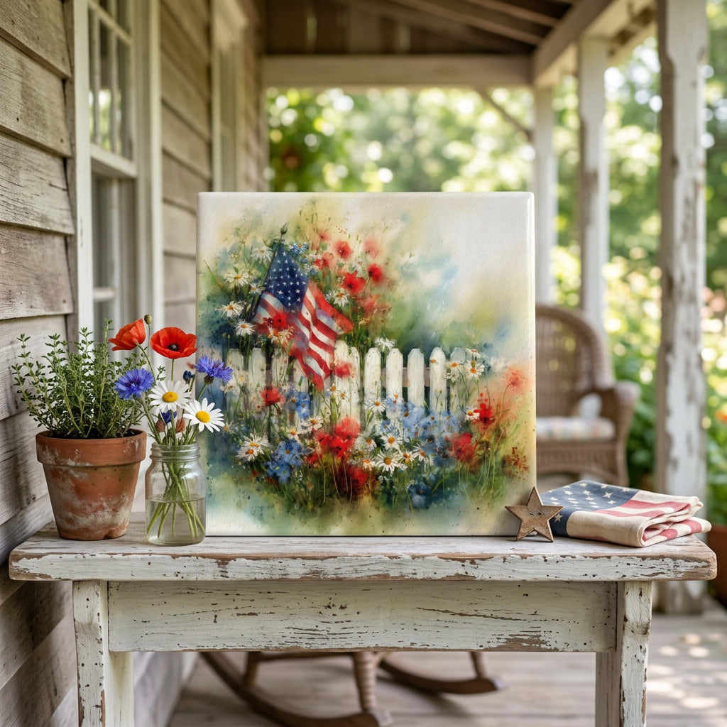 American Flag Wildflower Ceramic Tile – Patriotic Cottage Garden Decor
