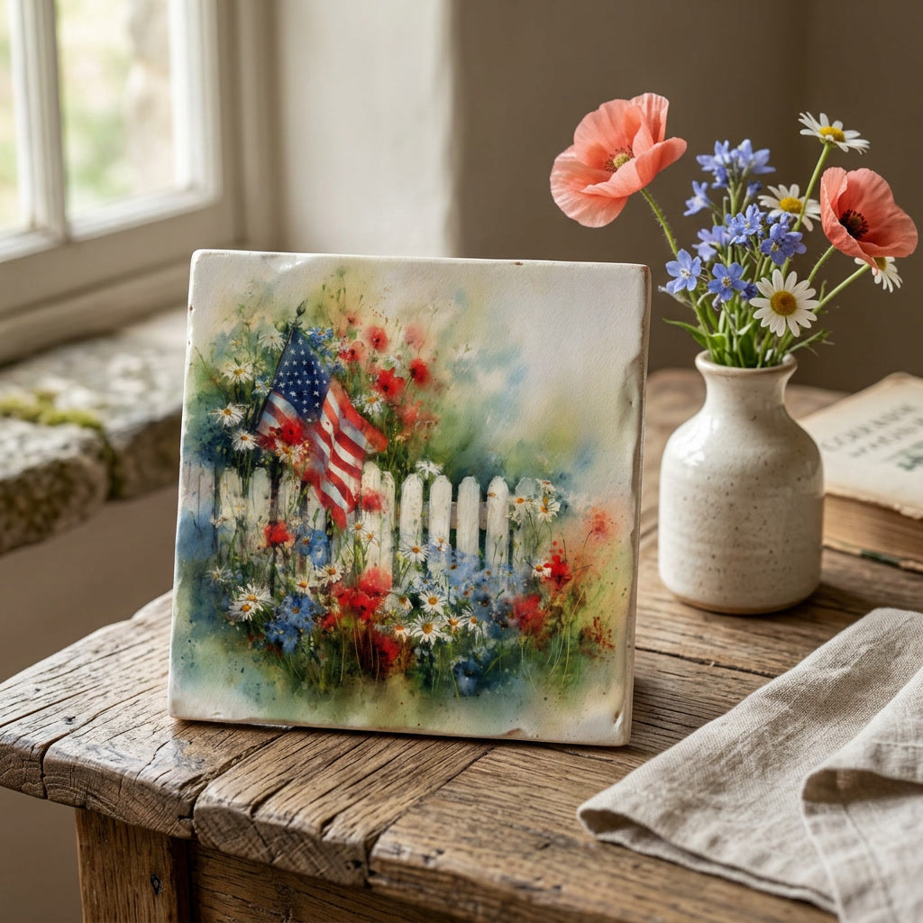American Flag Wildflower Ceramic Tile – Patriotic Cottage Garden Decor