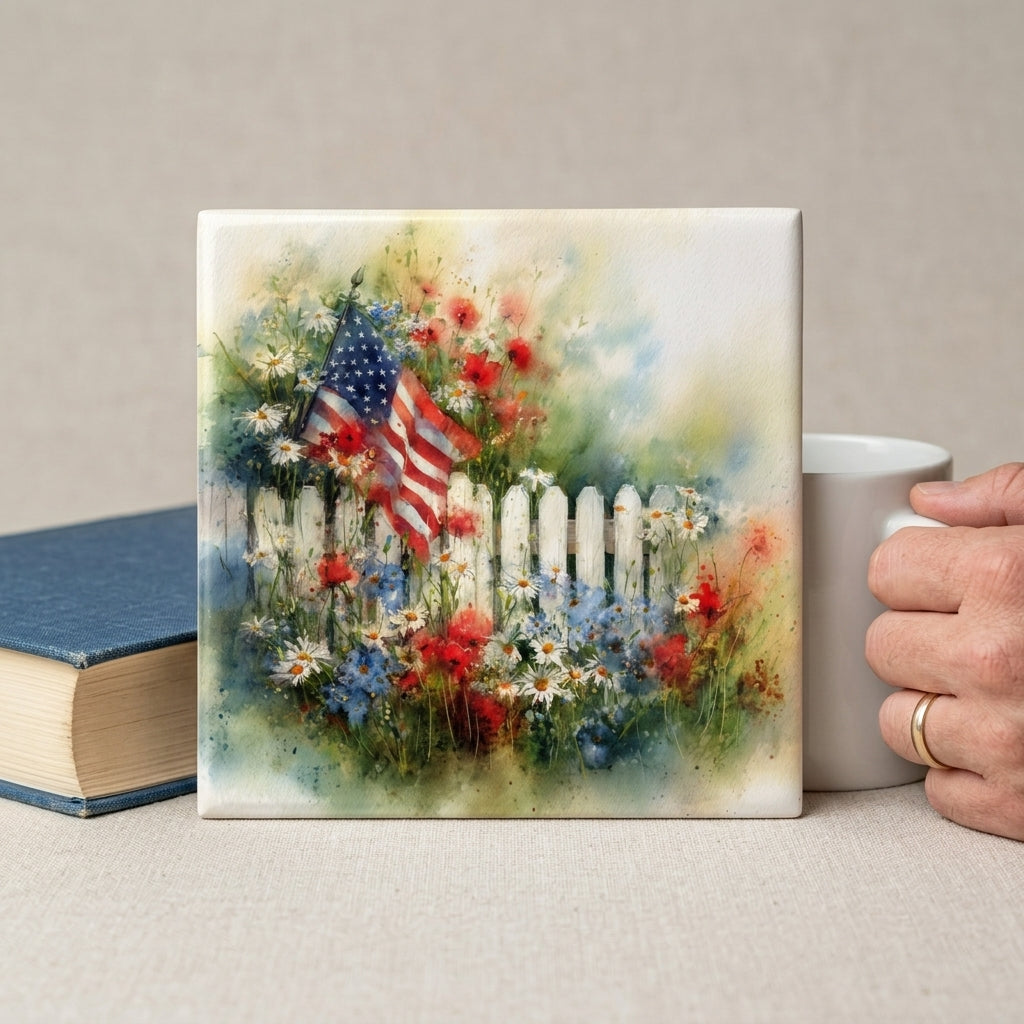 American Flag Wildflower Ceramic Tile – Patriotic Cottage Garden Decor