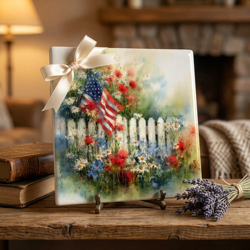 American Flag Wildflower Ceramic Tile – Patriotic Cottage Garden Decor