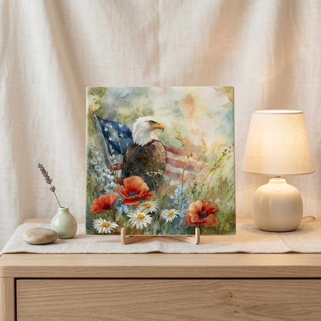 Bald Eagle Americana Wildflower Ceramic Tile – Patriotic Home Decor