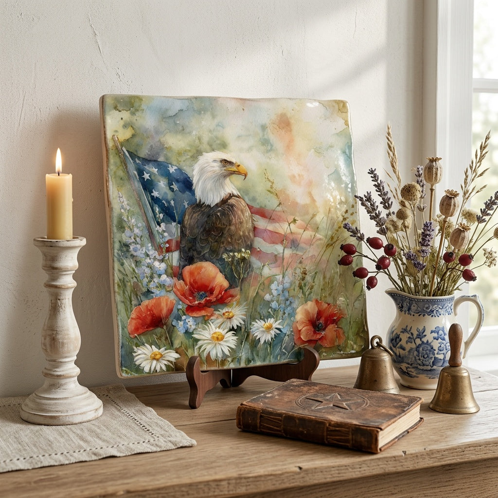 Bald Eagle Americana Wildflower Ceramic Tile – Patriotic Home Decor