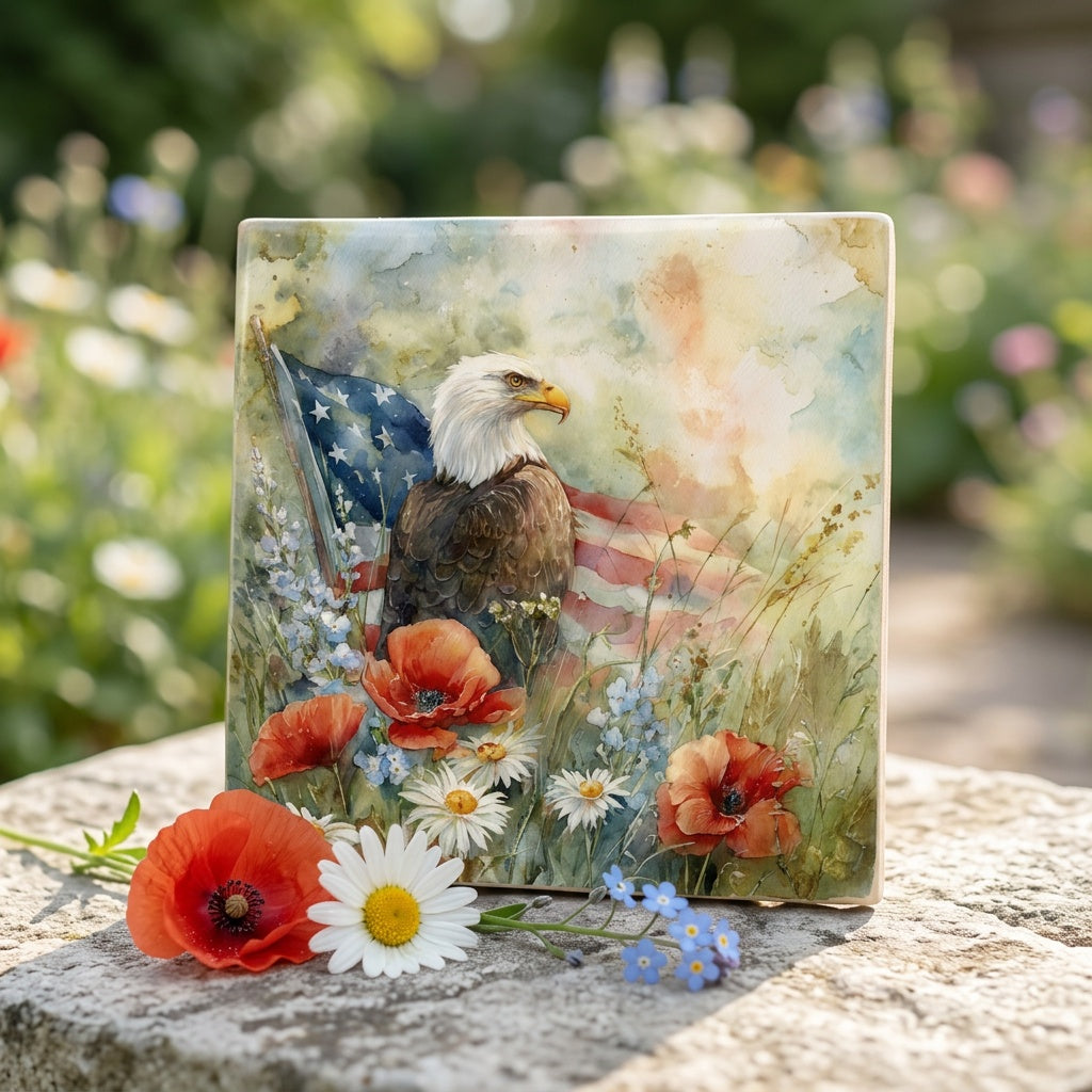 Bald Eagle Americana Wildflower Ceramic Tile – Patriotic Home Decor