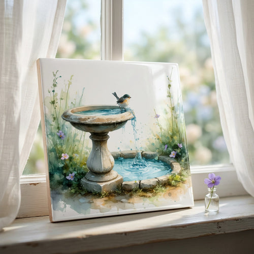 Bird Bath Tile – Cute Garden Bird Art Ceramic Tile