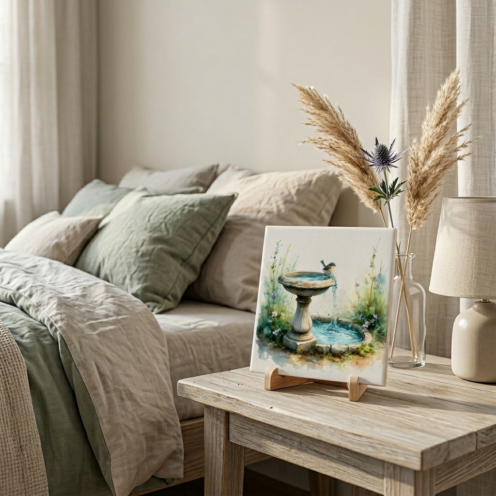 Bird Bath Tile – Cute Garden Bird Art Ceramic Tile