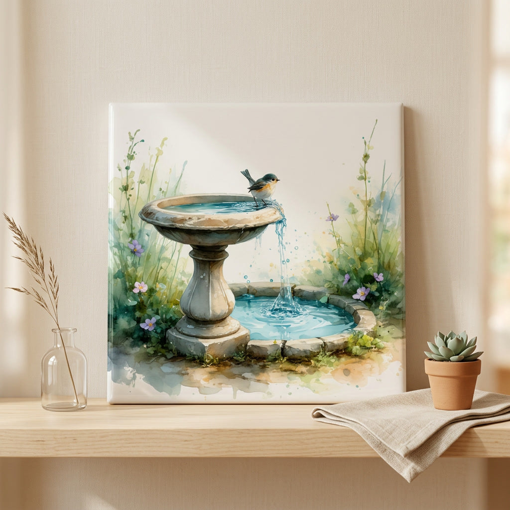 Bird Bath Tile – Cute Garden Bird Art Ceramic Tile