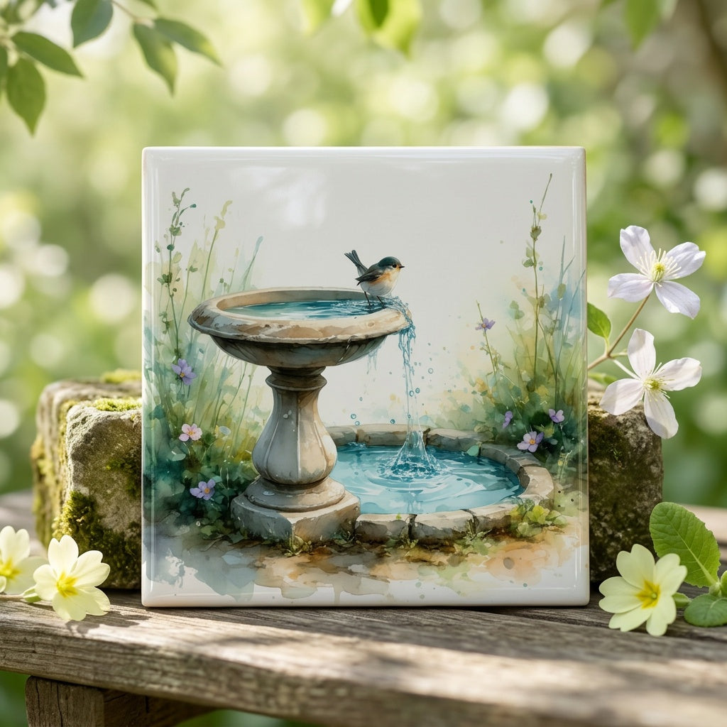 Bird Bath Tile – Cute Garden Bird Art Ceramic Tile