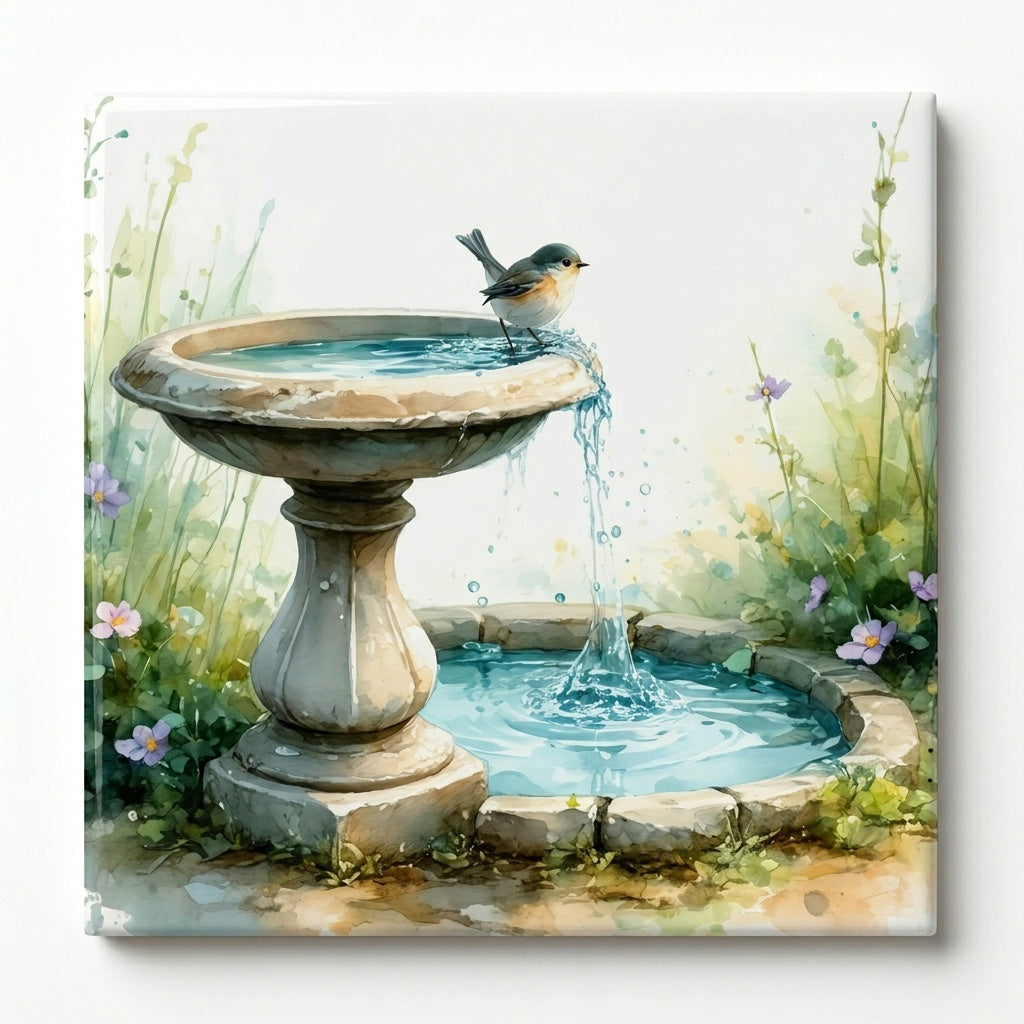 Bird Bath Tile – Cute Garden Bird Art Ceramic Tile