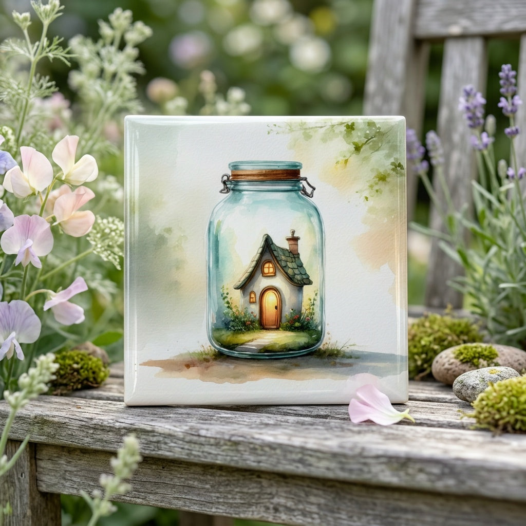 Cottage in a Glass Jar Tile – Whimsical Cottage Decor