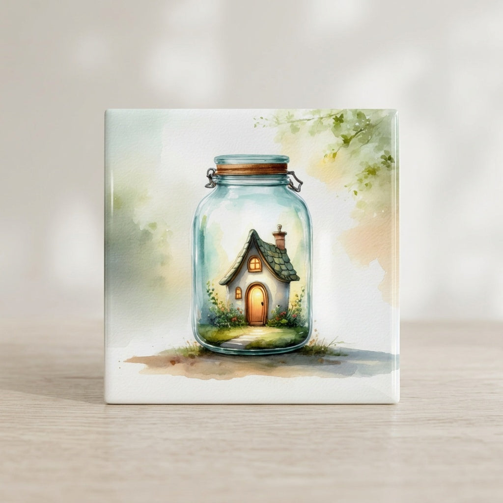 Cottage in a Glass Jar Tile – Whimsical Cottage Decor