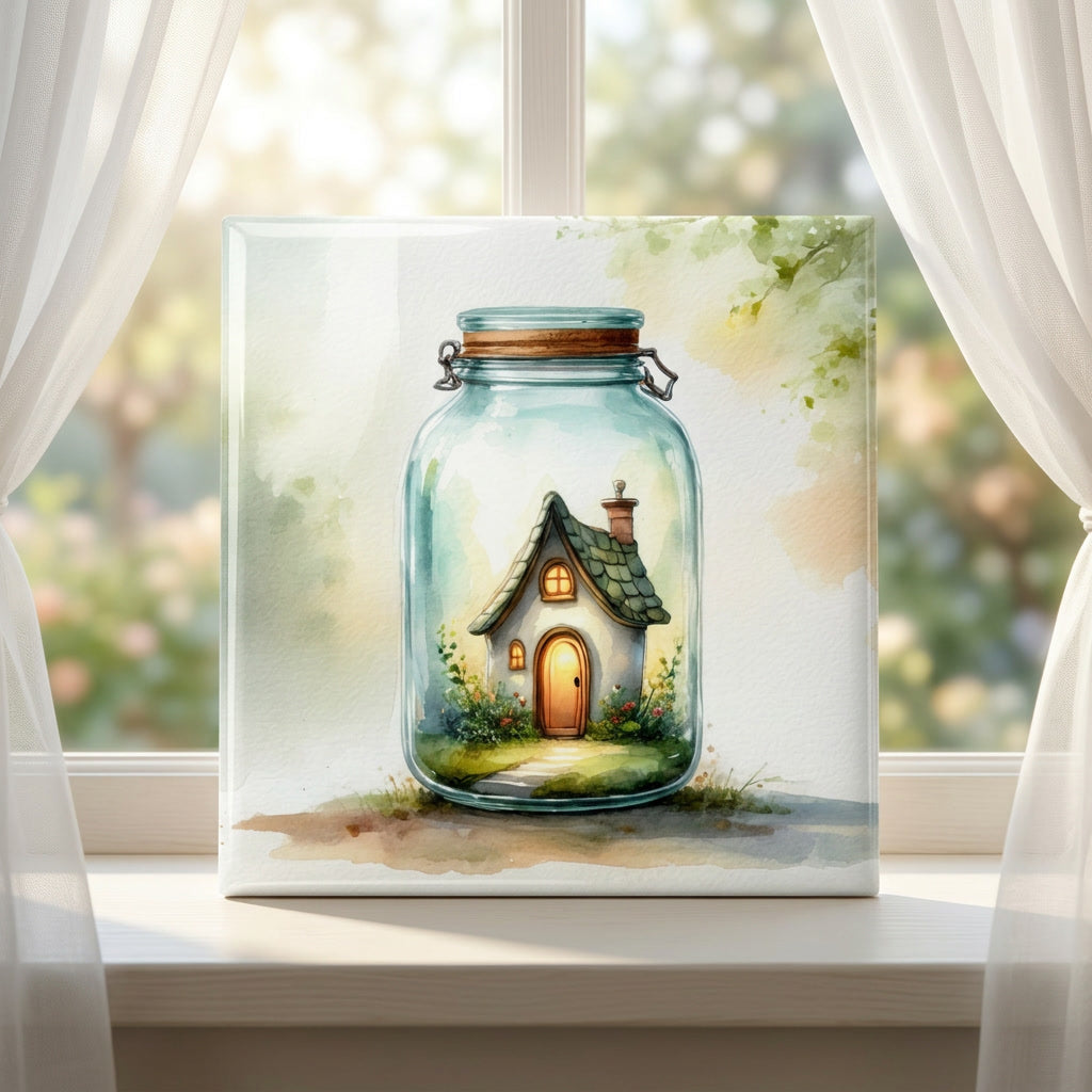Cottage in a Glass Jar Tile – Whimsical Cottage Decor