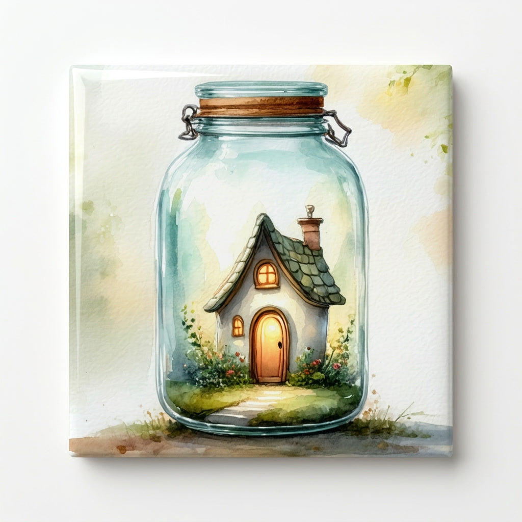 Cottage in a Glass Jar Tile – Whimsical Cottage Decor