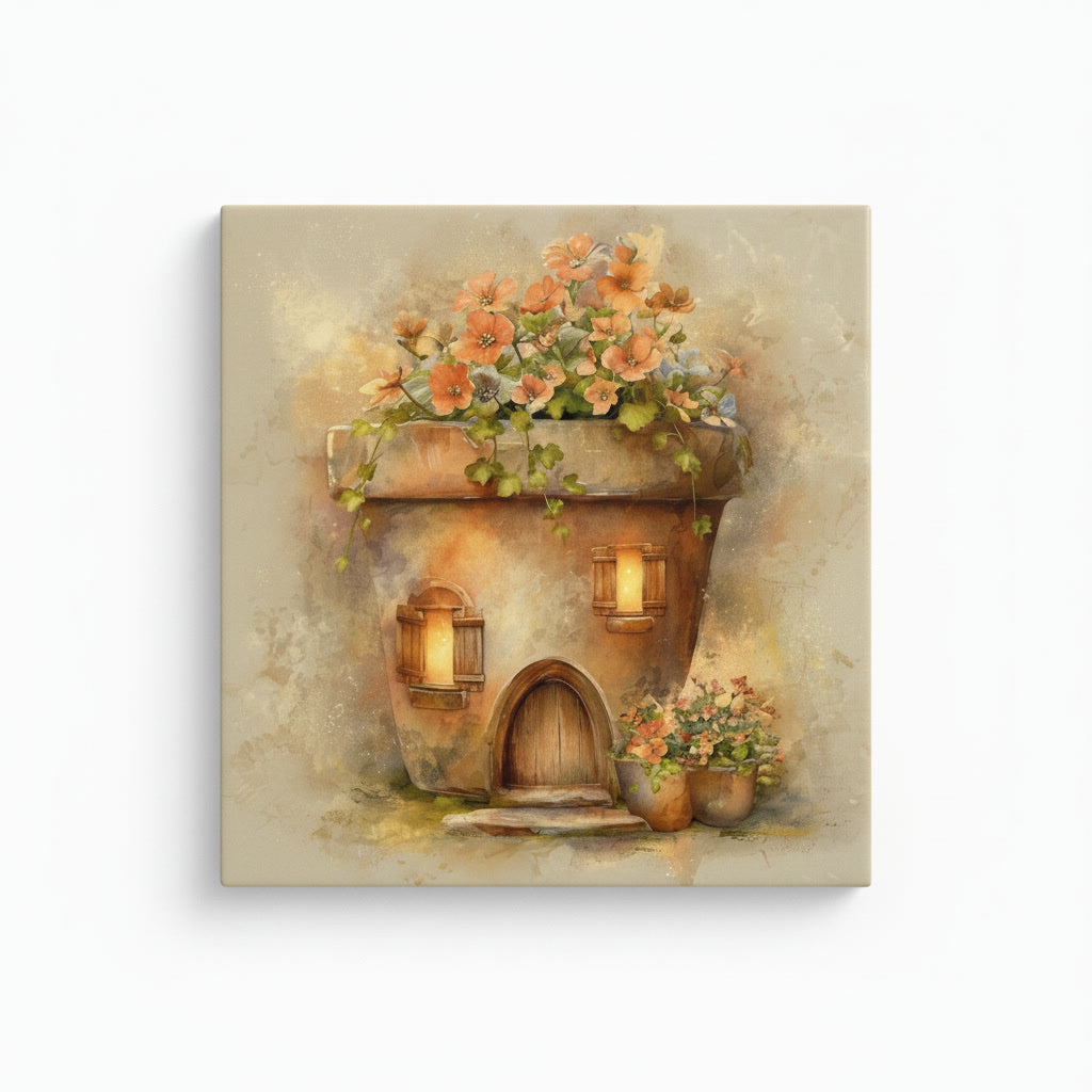 Flower Pot Cottage Ceramic Tile – Whimsical Fairy Village Storybook Art