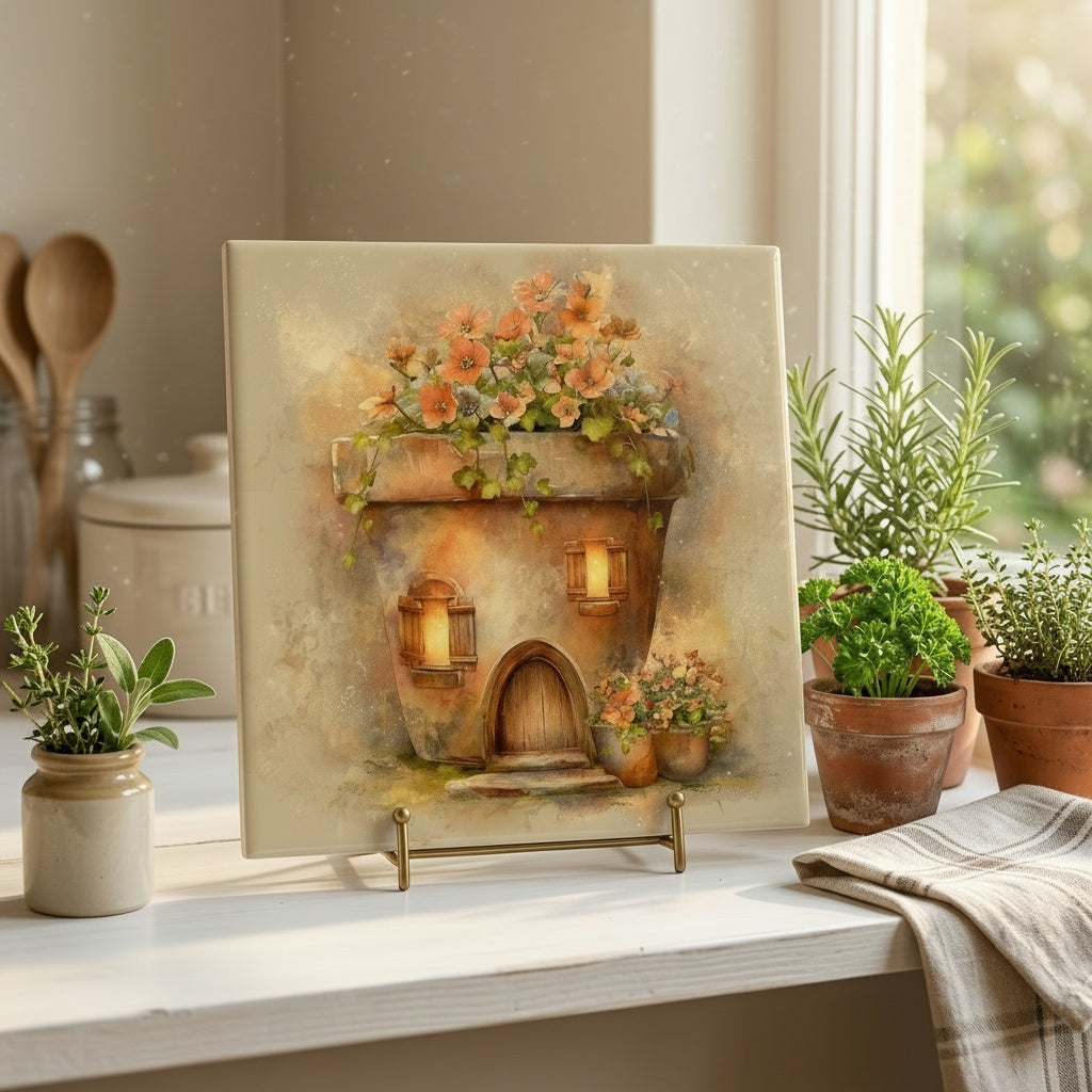 Flower Pot Cottage Ceramic Tile – Whimsical Fairy Village Storybook Art