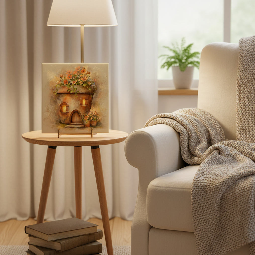 Flower Pot Cottage Ceramic Tile – Whimsical Fairy Village Storybook Art