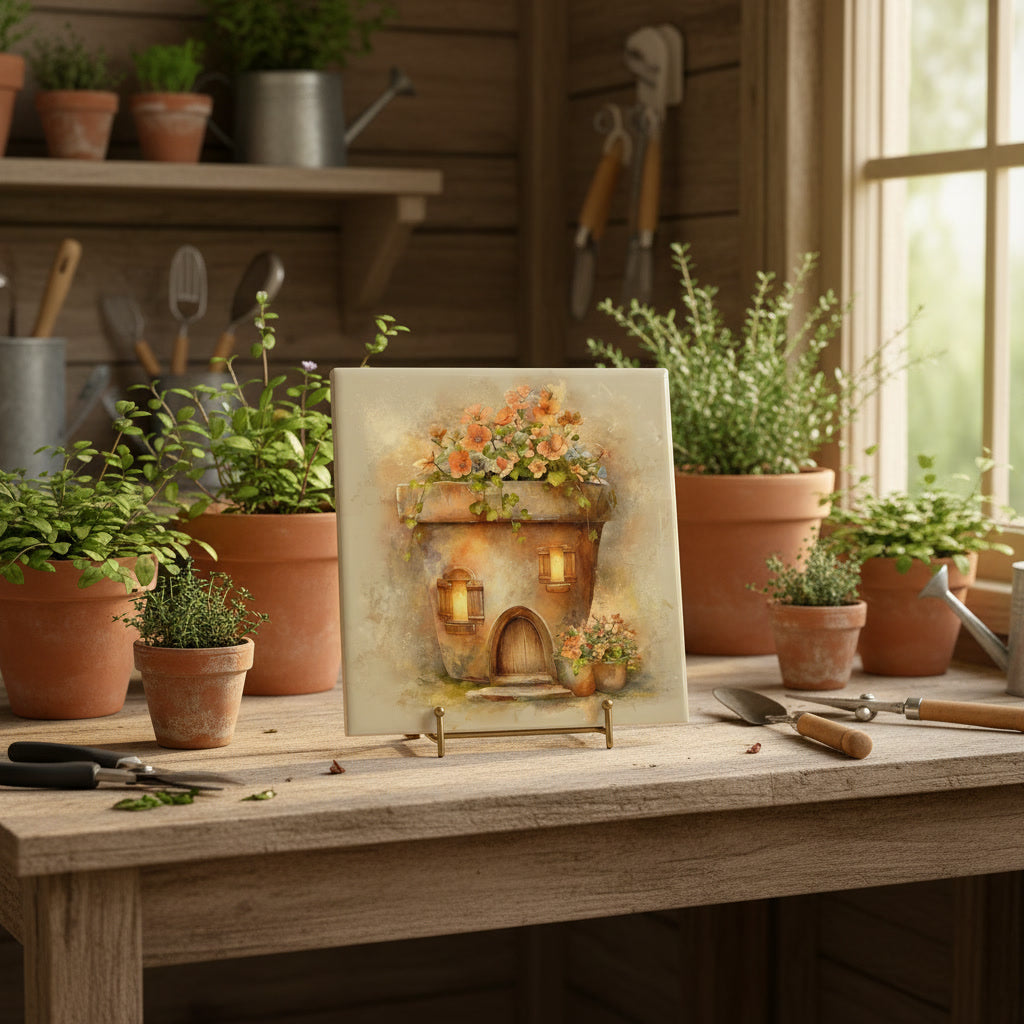 Flower Pot Cottage Ceramic Tile – Whimsical Fairy Village Storybook Art