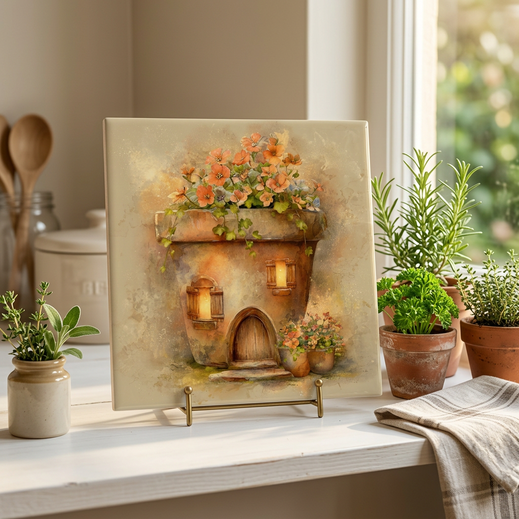 Flower Pot Cottage Ceramic Tile – Whimsical Fairy Village Storybook Art