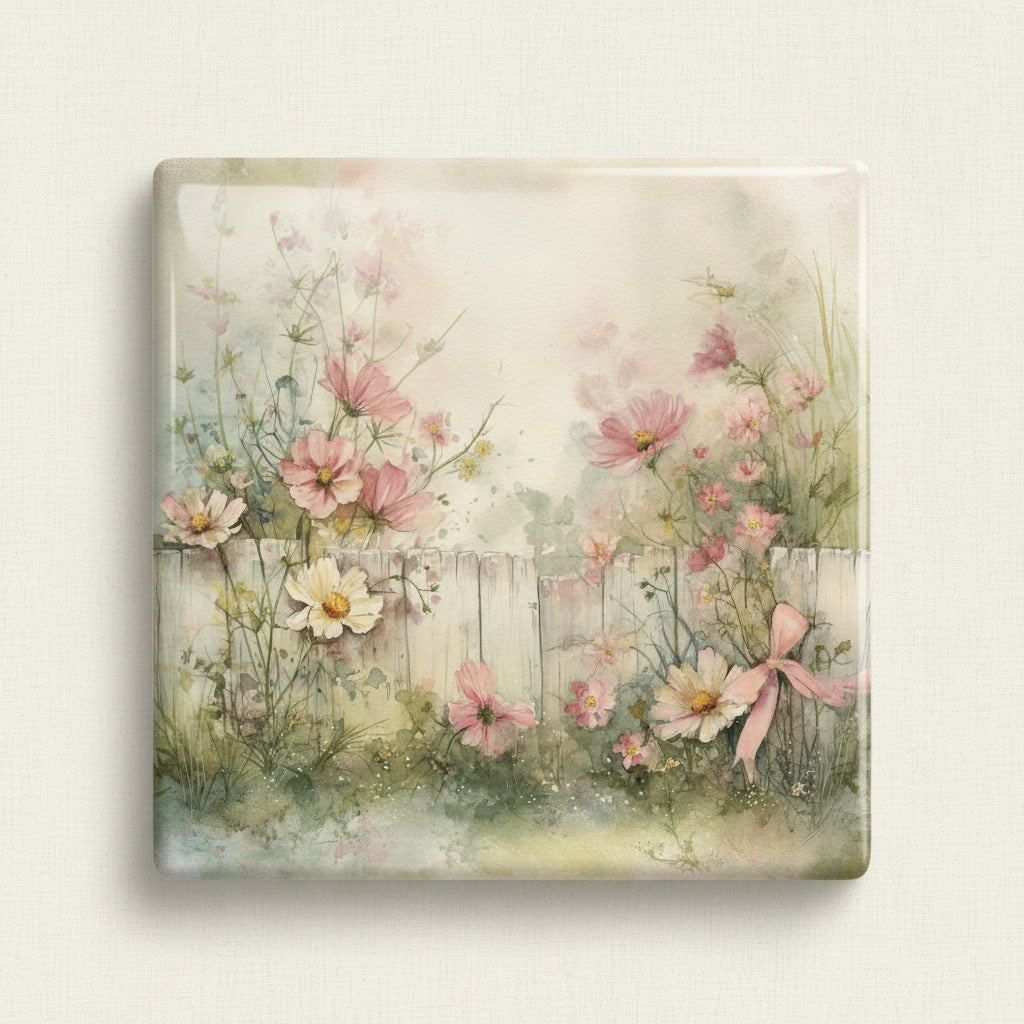 Decorative tile with floral design and a pink bow on a light background