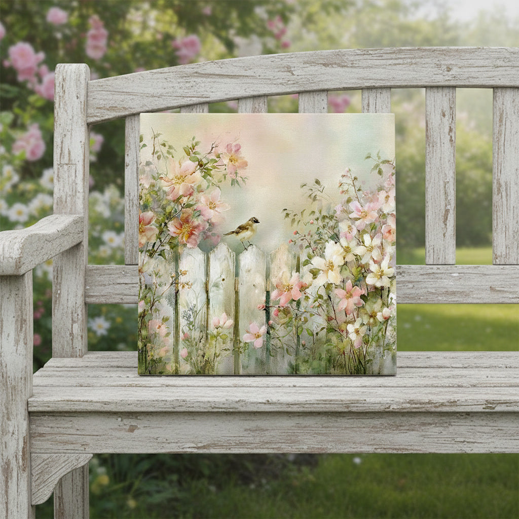 A Quiet Morning in Bloom – Cottage Garden Bird Ceramic Tile