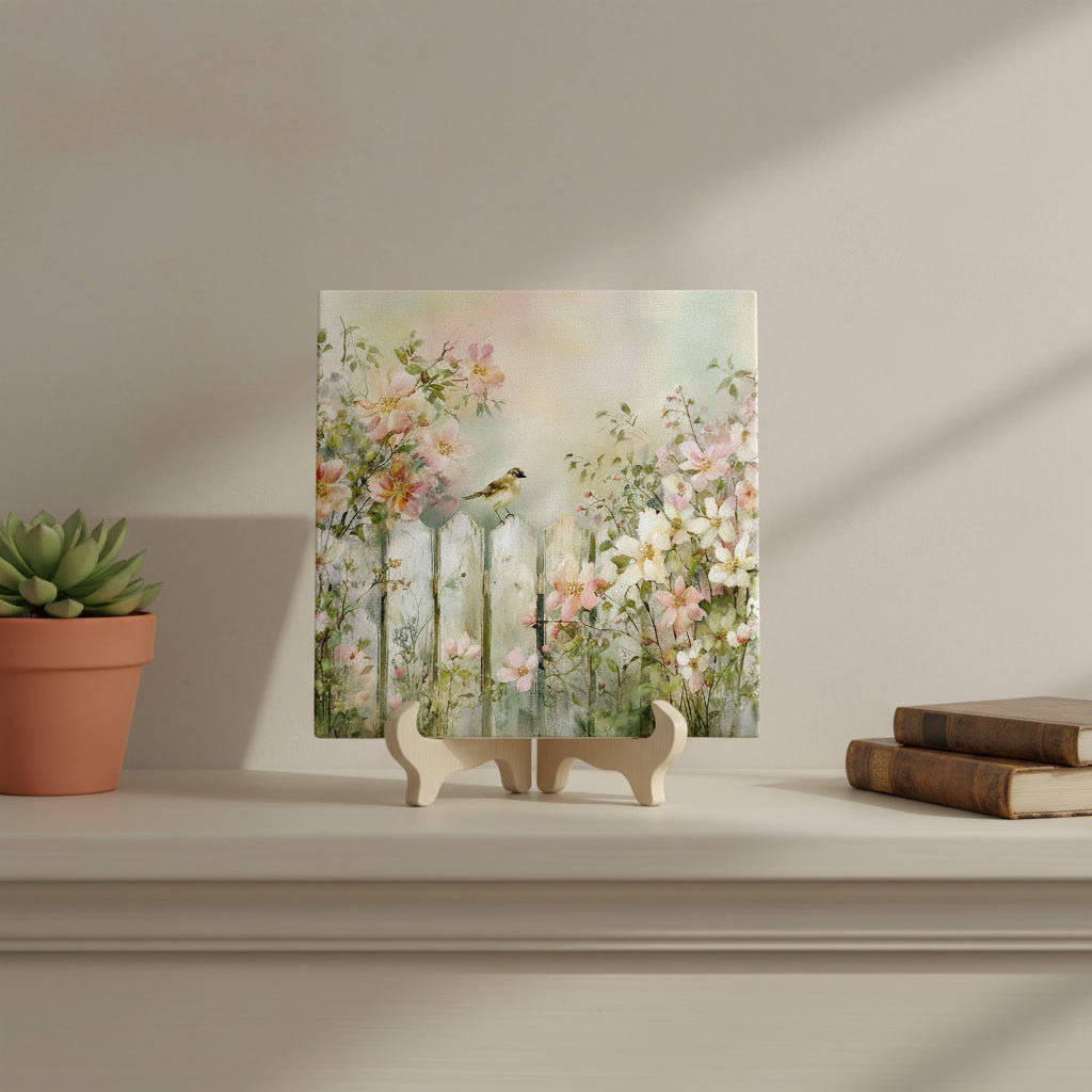 A Quiet Morning in Bloom – Cottage Garden Bird Ceramic Tile