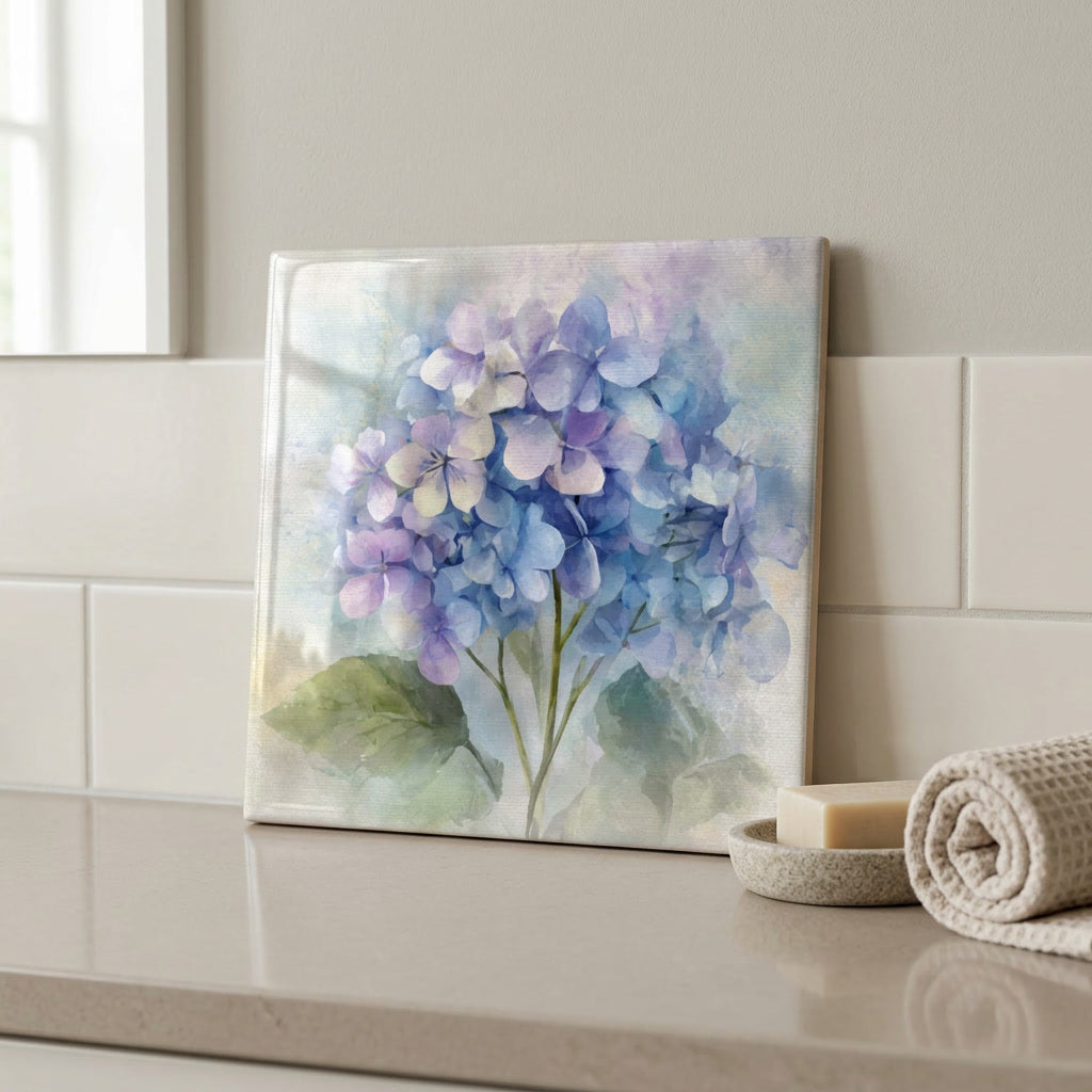 Hydrangea Ceramic Tile, Watercolor Style Floral Decor, Blue Botanical Tile