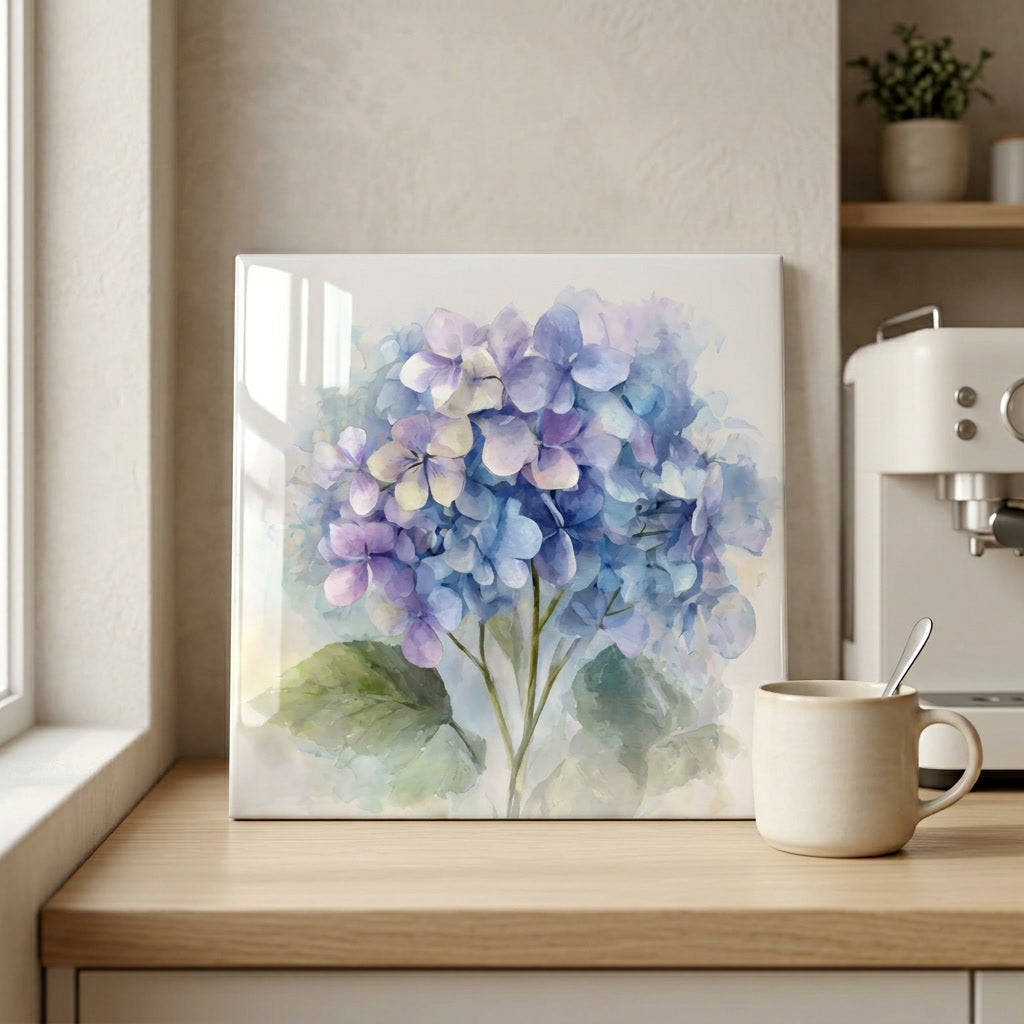 Hydrangea Ceramic Tile, Watercolor Style Floral Decor, Blue Botanical Tile