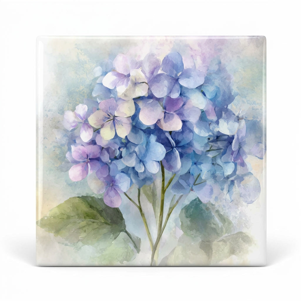 Hydrangea Ceramic Tile, Watercolor Style Floral Decor, Blue Botanical Tile