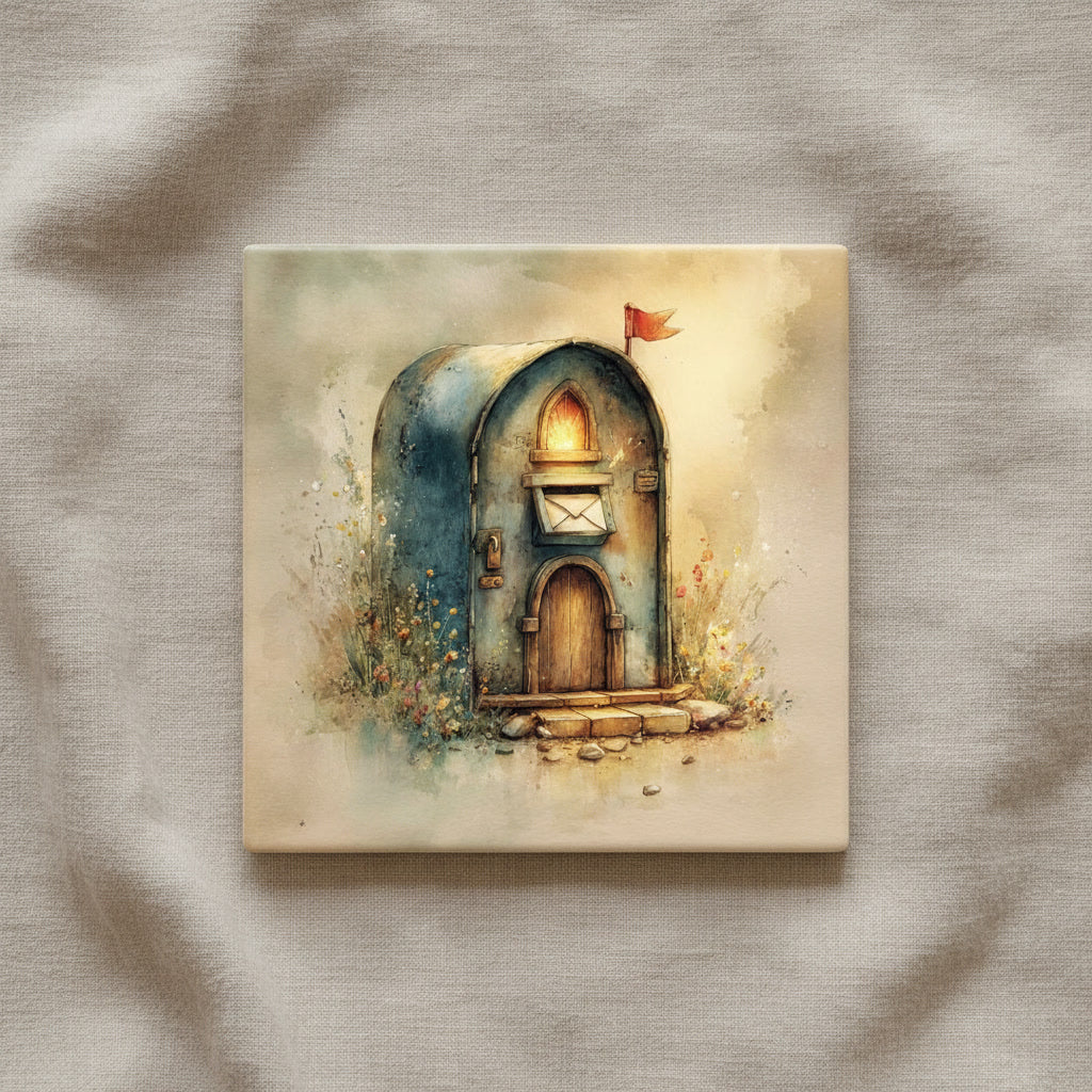 Mailbox Cottage Ceramic Tile – Whimsical Fairy Village Storybook Cottage Art